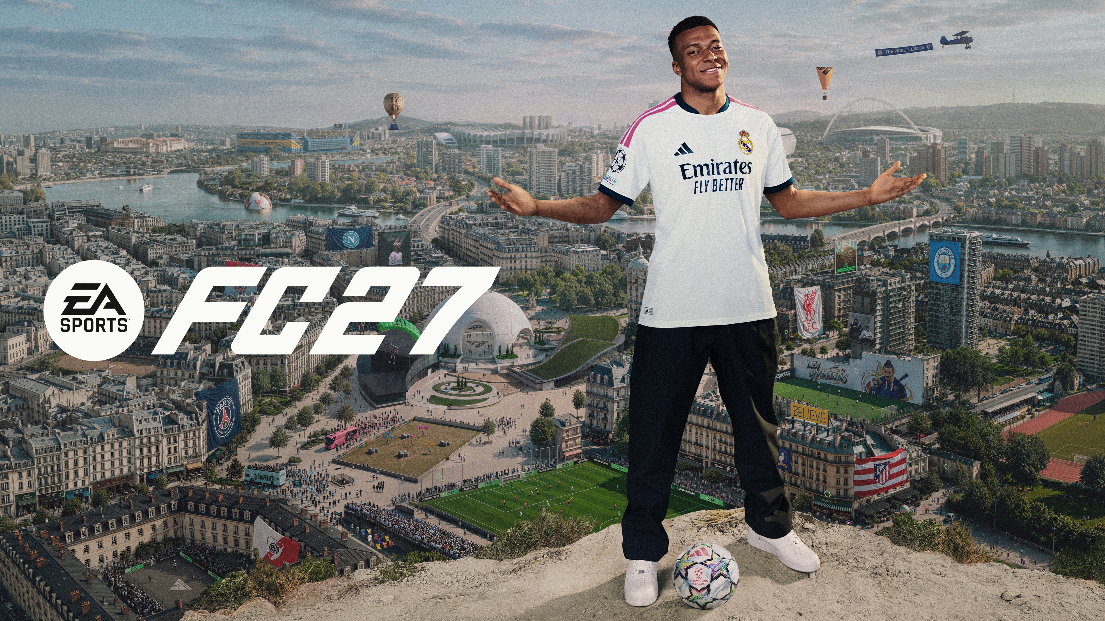 EA Sports FC 27'nin resmi kapak görseli: Real Madrid formasıyla Kylian Mbappé.